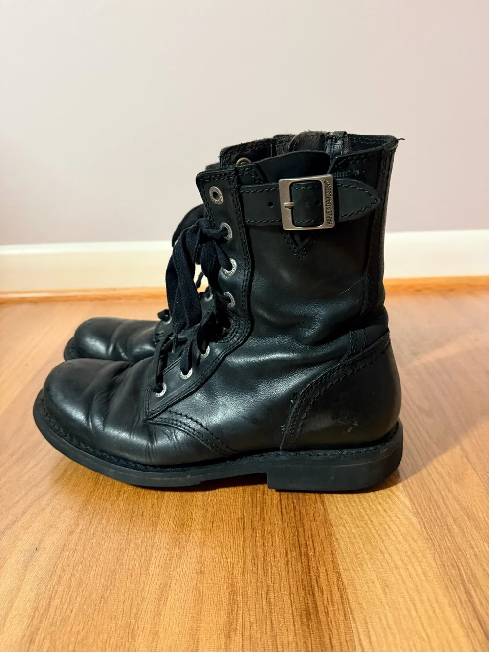 Harley-Davidson Black Leather Lace-Up Moto Combat Boots - Picture 2 of 10